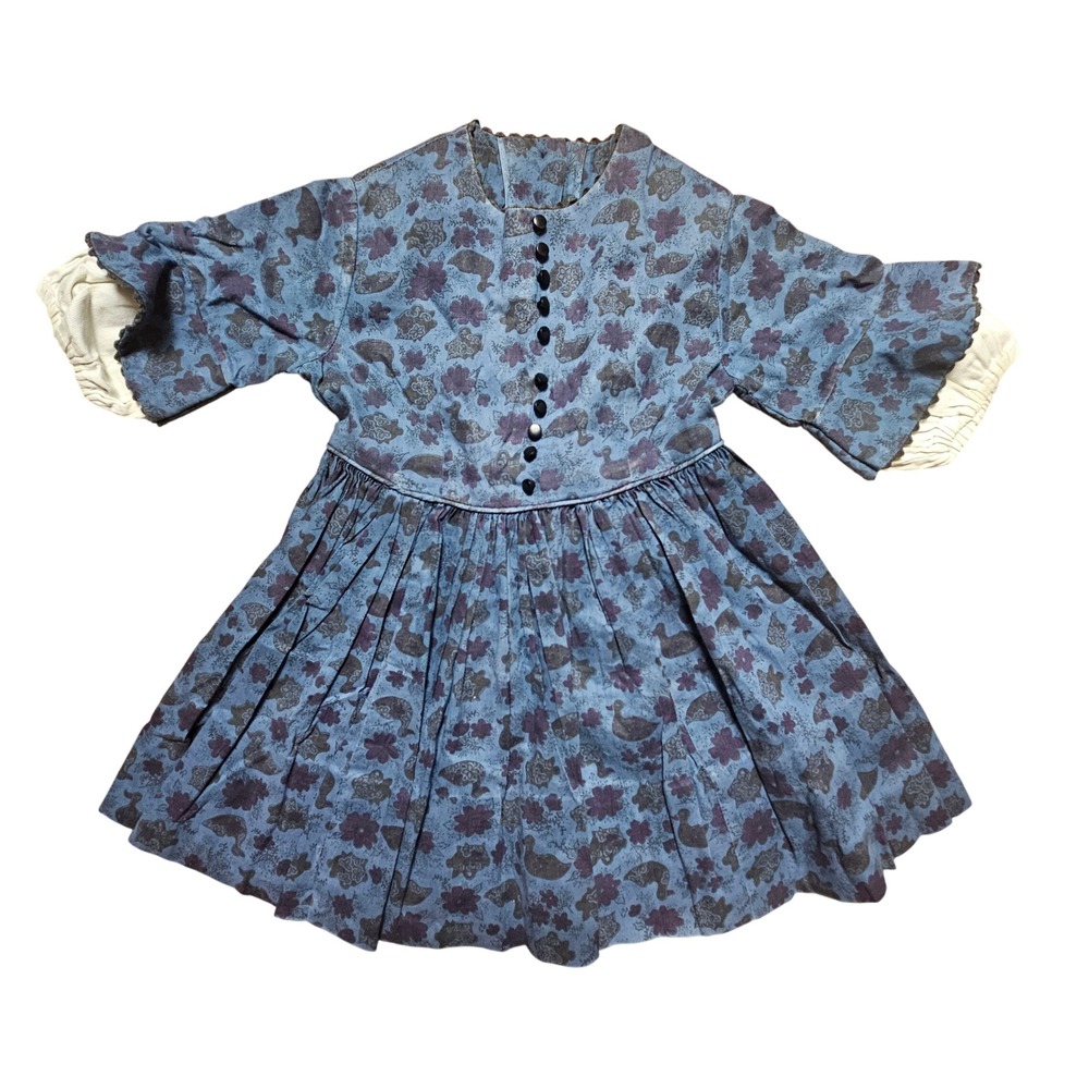 Vintage 70s Duck Print Back Tie Dress Girls 3 Peasant Cottagecore Prairie
